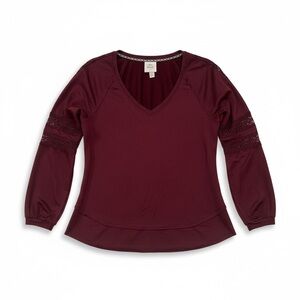 Knox Rose Burgundy V-Neck Lace Sleeve Top Size M Boho Long Sleeve Blouse EUC